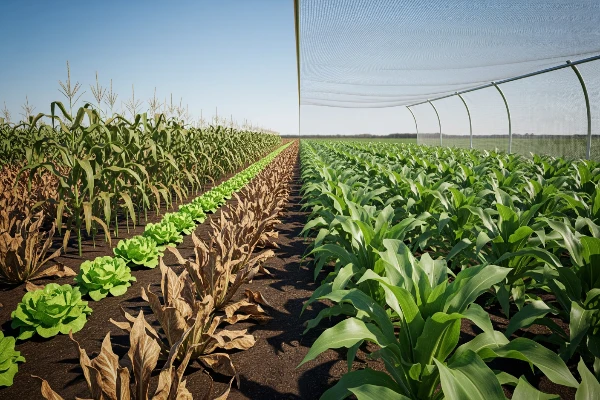 تصویر دو بخشی از یک مزرعه کشاورزی: سمت چپ، محصولات زراعی مانند کاهو و ذرت زیر نور شدید آفتاب با برگهای قهوهای و خشک شده، نشاندهنده تاثیر منفی شاخص UV بالا بر رشد گیاهان. سمت راست، همان محصولات زیر پوشش محافظ UV، سبز، شاداب و سالم به نظر میرسند. پسزمینه، دشت وسیع و آسمان آبی.