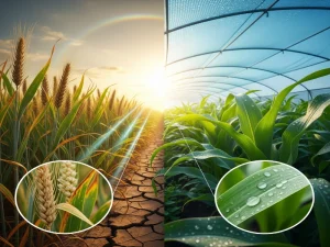 هنر دیجیتال نمایشدهنده چالشها و راهکارهای مرتبط با اشعه UV و کشاورزی: در یک سو آسیب به محصولات زراعی بر اثر تابش شدید UV، و در سوی دیگر، محصولات سالم و پربار تحت پوششهای محافظ در برابر همین اشعه.