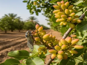 زنجره پسته، آفت درخت پسته، در حال تغذیه از شاخه جوان در ایران.